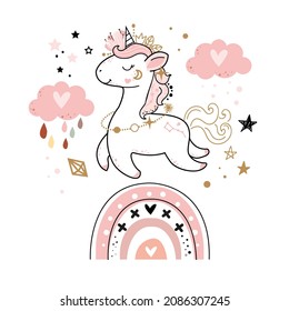 Cute unicorn, rainbow and cloud in boho style. Vector cartoon illustration. Nursery, greeting card, poster, baby shower