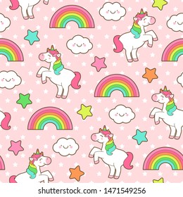 Cute unicorn, rainbow, cloud and star seamless pattern with little star background.