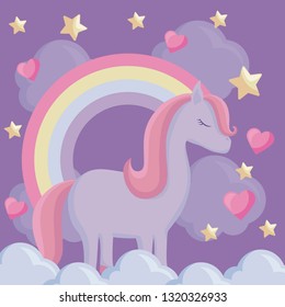 cute unicorn with rainbow and clouds