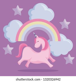 cute unicorn with rainbow and clouds