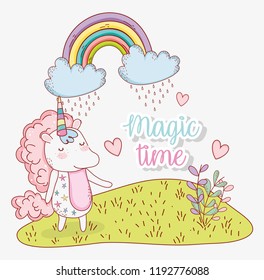 cute unicorn with rainbow clouds and hearts