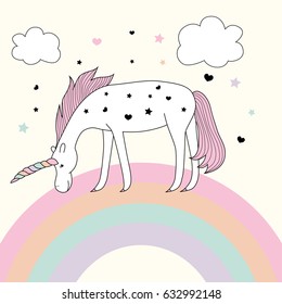 Cute unicorn with rainbow, clouds, hearts and stars. Vector illustration.