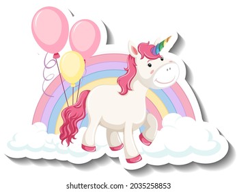 Cute unicorn with rainbow and clouds on white background illustration