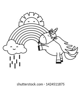 cute unicorn in rainbow with clouds rainy and sun kawaii