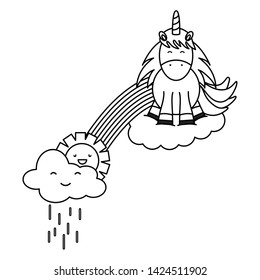 cute unicorn in rainbow with clouds rainy and sun kawaii