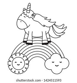 cute unicorn in rainbow with clouds and sun kawaii characters