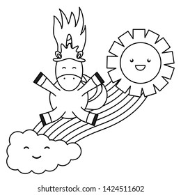 cute unicorn in rainbow with clouds and sun kawaii characters