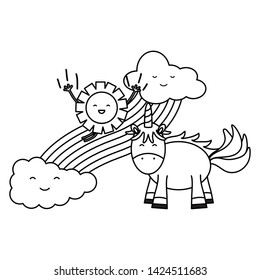 cute unicorn in rainbow with clouds and sun kawaii characters