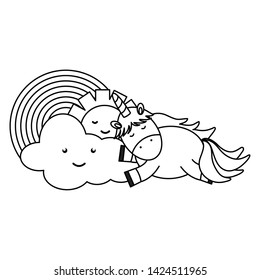cute unicorn in rainbow with clouds and sun kawaii characters
