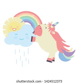 cute unicorn in rainbow with clouds and sun kawaii characters