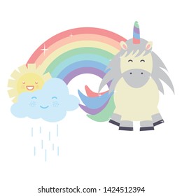 cute unicorn in rainbow with clouds and sun kawaii characters