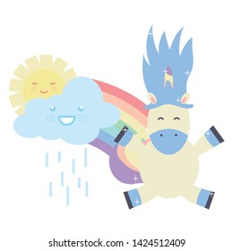 cute unicorn in rainbow with clouds and sun kawaii characters