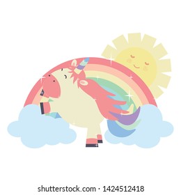 cute unicorn in rainbow with clouds and sun kawaii characters