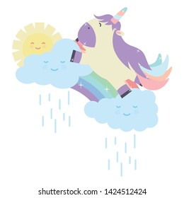 cute unicorn in rainbow with clouds and sun kawaii characters