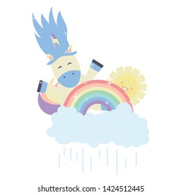 cute unicorn in rainbow with clouds and sun kawaii characters