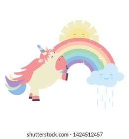 cute unicorn in rainbow with clouds and sun kawaii characters