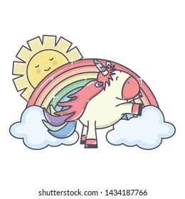 cute unicorn in rainbow with clouds and sun kawaii characters
