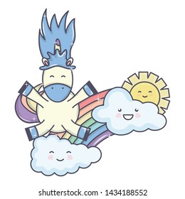 cute unicorn in rainbow with clouds and sun kawaii characters