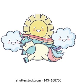 cute unicorn in rainbow with clouds and sun kawaii characters