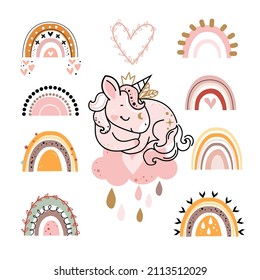 Cute unicorn and rainbow collection in boho style. Vector cartoon illustration. Nursery, greeting card, poster, baby shower
