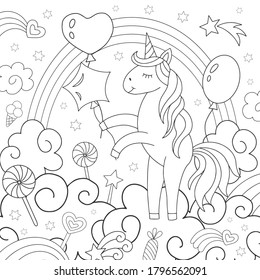 Cute unicorn and rainbow. Coloring for children. Vector illustration.