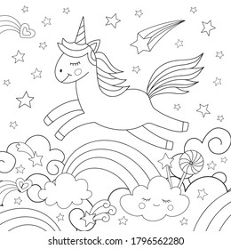 Cute unicorn and rainbow. Coloring for children. Vector illustration.