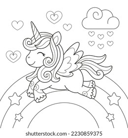 Cute unicorn rainbow coloring page illustration