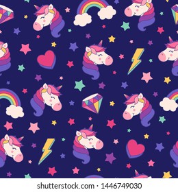 Cute unicorn, rainbow, diamond, heart and thunder seamless pattern with star background.