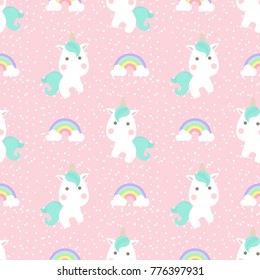 Cute unicorn with rainbow and dot seamless pattern on pink background.