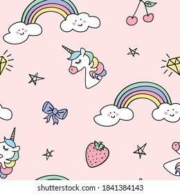 Cute unicorn and rainbow drawings seamless repeating pattern texture background / Design for textile graphics, fashion fabrics, covers, wallpapers etc