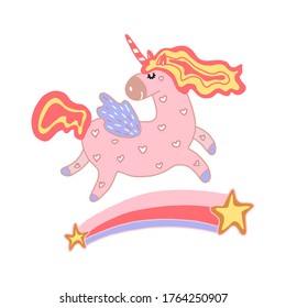 Cute unicorn with a rainbow. Flat design of a children s character in the cartoon style. For children s items, postcards, t-shirt design, toys. Isolated on a white background. Vector illustration
