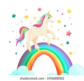 Cute unicorn with rainbow in flat style. Cartoon vector illustration.