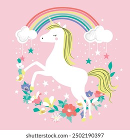 Niedliches Einhorn mit einem Regenbogen und Blumen Rahmen