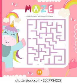 Cute Unicorn, rainbow and flowers Maze game for children. Help Pony get through the maze. Vector illustration. Labyrinth for kids activity book. Book square format.