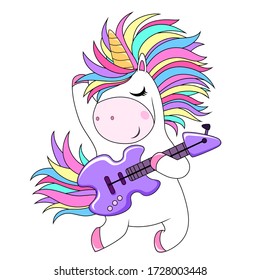 Cute unicorn with rainbow hair and guitar. Vector cartoon illustration