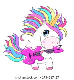 Cute Unicorn With Rainbow Hair And Guitar. Rockstar Poster. Vector White Unicorn Kids Cartoon Illustration. Little Pony Character/ Magic Horse Print Design