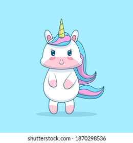 Cute unicorn with rainbow hair on blue background.