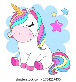 Cute unicorn with rainbow hair. Vector white unicorn kids cartoon illustration. Little pony character/ magic horse print design