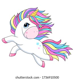 Cute unicorn with rainbow hair. Vector white unicorn kids cartoon illustration. Little pony character/ magic horse print design