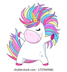 Cute unicorn with rainbow hair. Vector white unicorn kids cartoon illustration. Little pony character/ magic horse print design