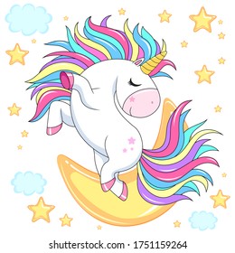 Cute unicorn with rainbow hair. Vector cartoon illustration