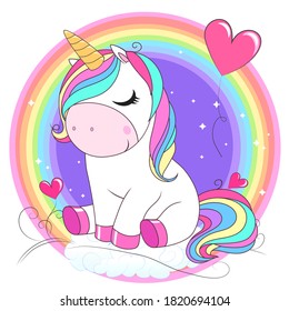 Cute unicorn with rainbow hair. Vector cartoon illustration