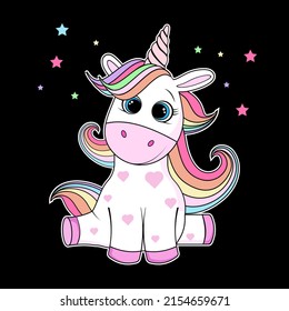 Cute unicorn with rainbow hair. Vector white unicorn kids cartoon illustration. Little pony character magic horse print design