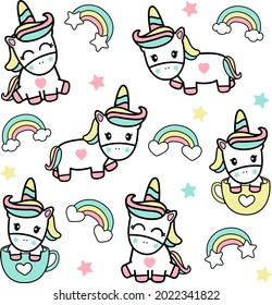 Cute Unicorn and Rainbow hand drawn Art  Design for t-shirt, greeting card or poster design Background Vector Illustration.