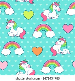Cute unicorn, rainbow and heart seamless pattern with little heart background.