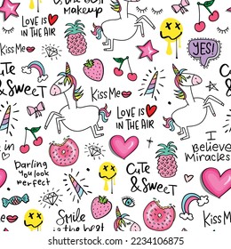 Cute unicorn, rainbow, heart shape drawings. Seamless pattern repeating texture background vector illustration design.