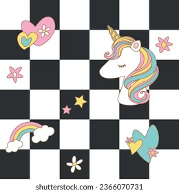 cute unicorn, rainbow, hearts, stars and flowers on checkered board. vector design for fashion, card, sticker, wall art, poster prints