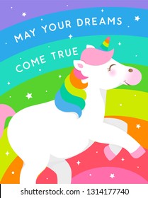 Cute unicorn and rainbow illustration for birthday greeting card