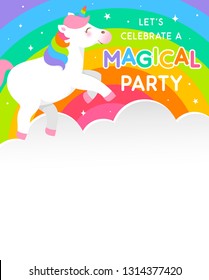 Cute unicorn and rainbow illustration with cloud shaped copy space for birthday party invitation card.