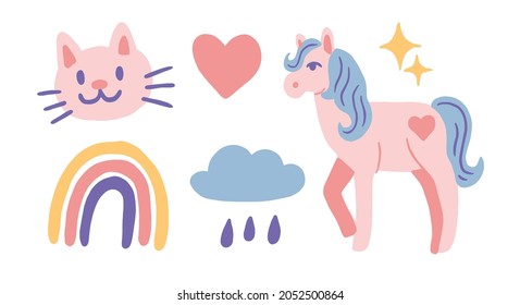 Cute unicorn rainbow and kitten vector illustration collection. isolated doodles on white background